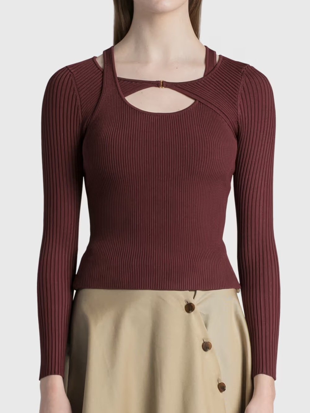 Simkhai Layered Ribbed Cutout Long-Sleeve Top in Burgundy Xs
